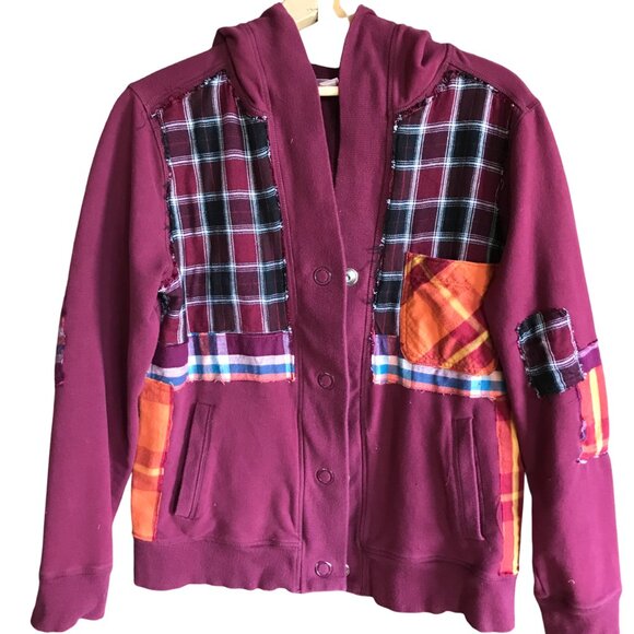 Upcycled Patchwork Hoodie, Size M: Magenta Boho Snap Front Jacket, Campus Grunge - Picture 3 of 17